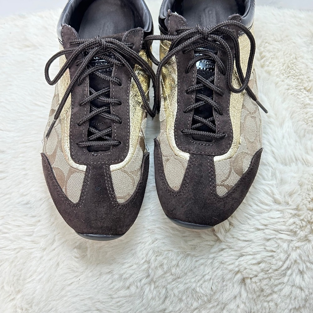 COACH Brown & Gold Monogram Sneakers Shoes Low Top Designer - Picture 2 of 11